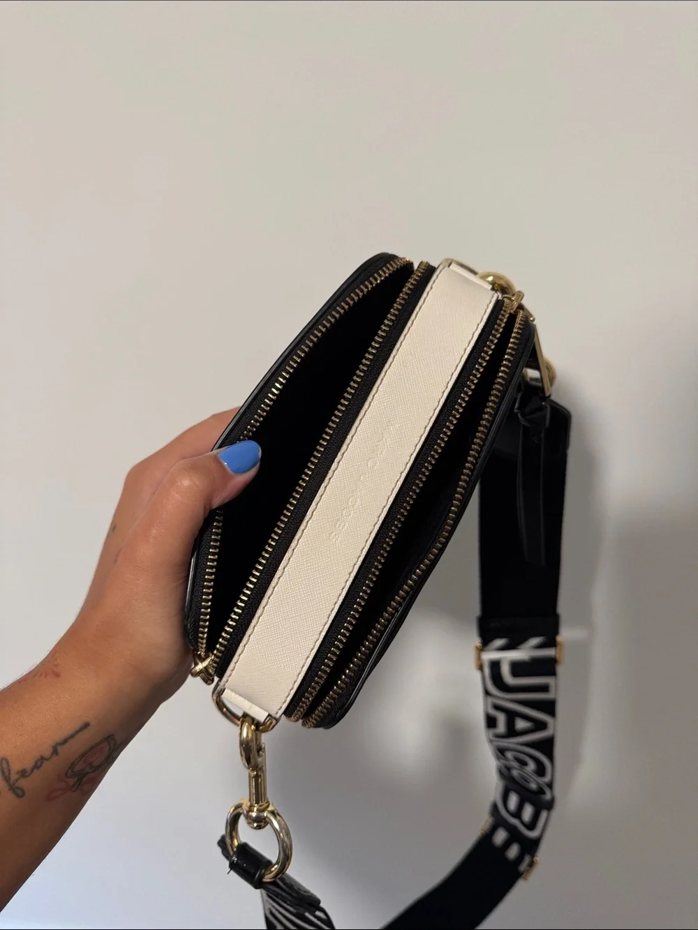Marc Jacobs Black Saffiano Crossbody with Gold Double-J Hardware and Logo Strap